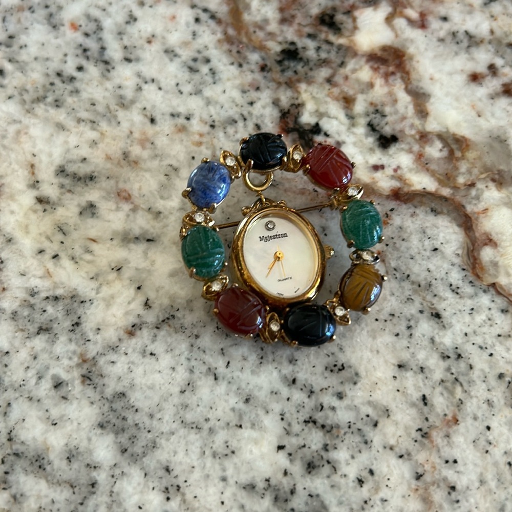 Scarab and rhinestone majestron   watch pin